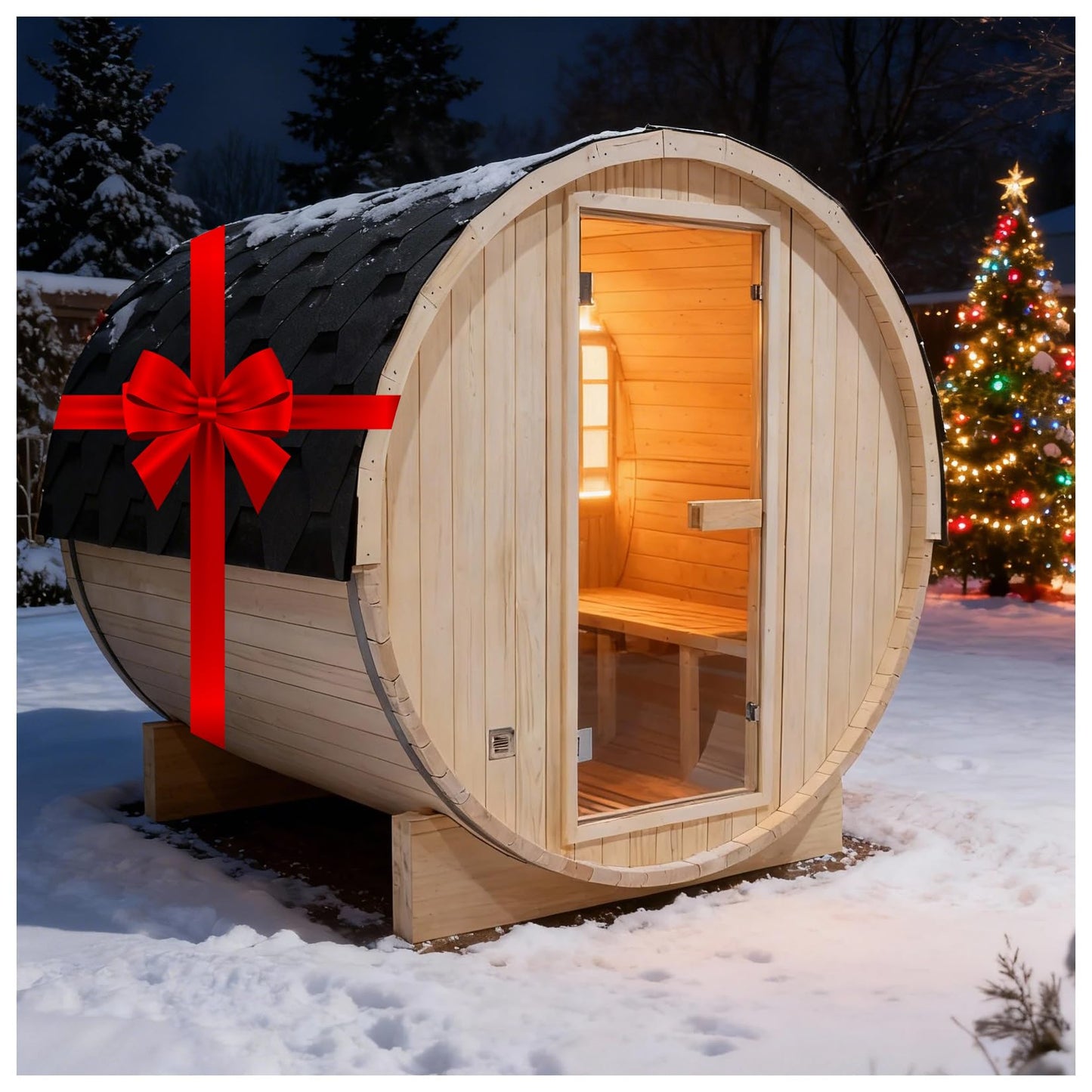 Outdoor Barrel Steam Sauna, 6-8 Person Canadian Hemlock Traditional Wooden Steam Saunas with 220V/6KW Toule Electric Stove, Tempered Glass Sauna Kits for Backyard & Garden (0-195℉)