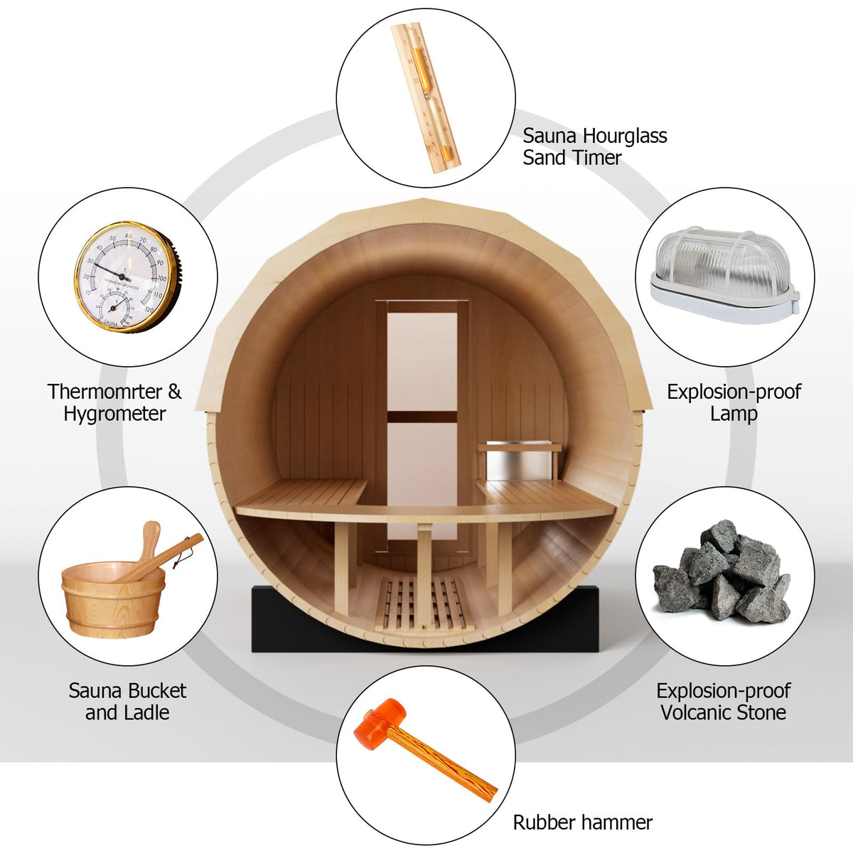 Outdoor Wooden Panoramic Barrel Sauna, 6-8 Person Sauna Room, 220V，6kw Toule Electric Heater with Sauna Stone, and Asphalt Shingle Roof (Red Ceder)