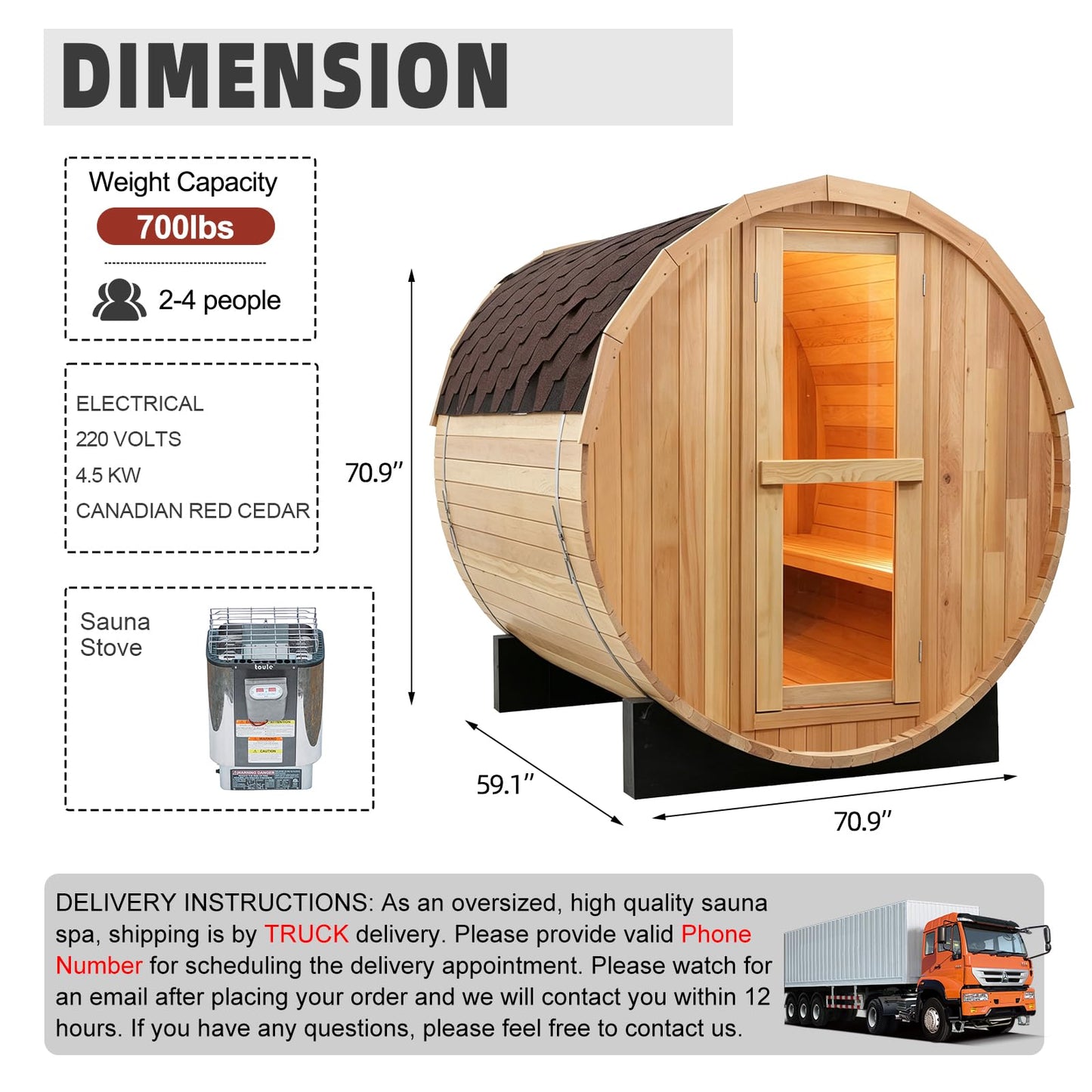 Outdoor Barrel Steam Sauna, 6-8 Person Canadian Hemlock Traditional Wooden Steam Saunas with 220V/6KW Toule Electric Stove, Tempered Glass Sauna Kits for Backyard & Garden (0-195℉)