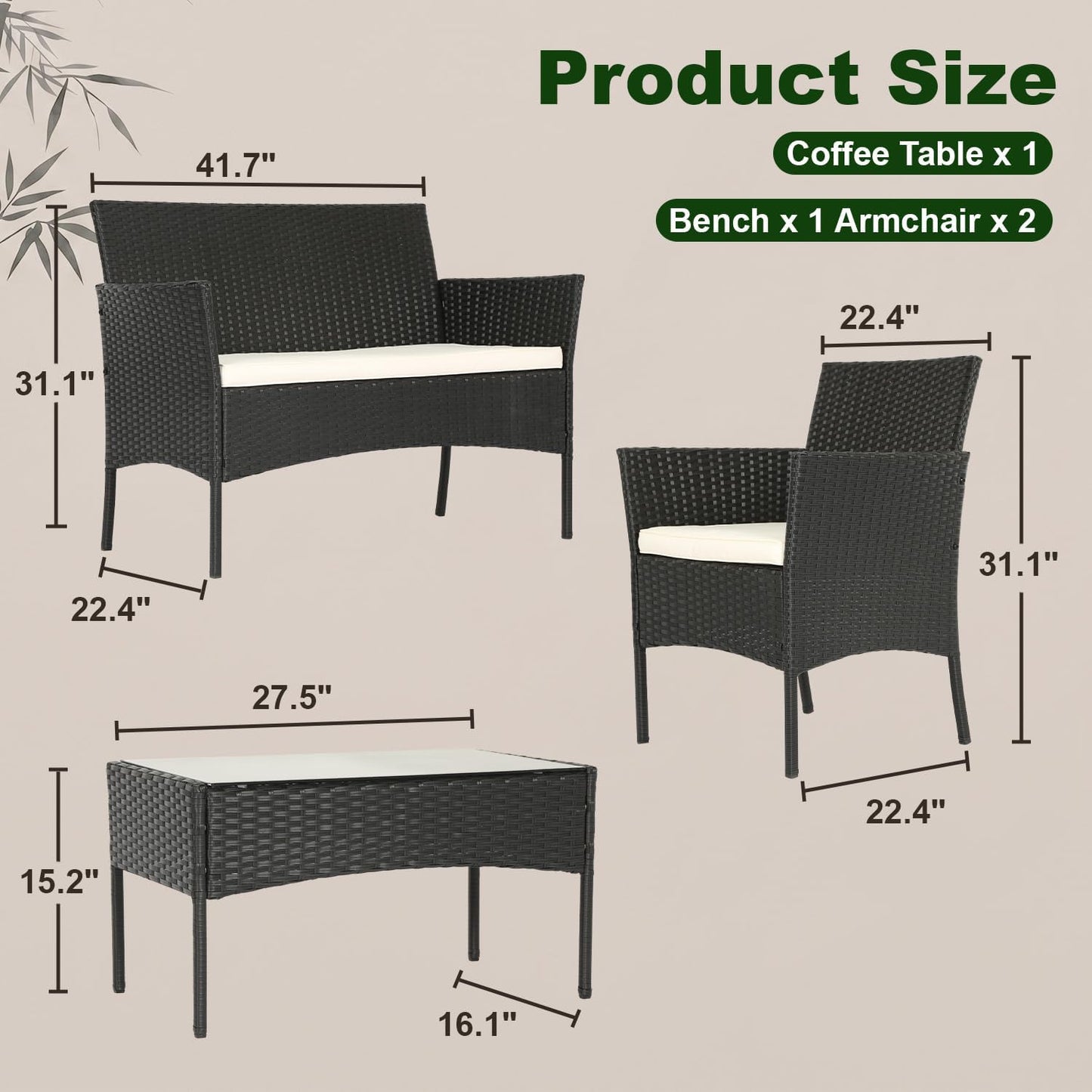 FDW 4-Piece Patio Furniture Set | Black | Outdoor Wicker Furniture | with Coffee Table | Modern Rattan Chairs Conversation Set | Outdoor Seating | Weather-Resistant | for Porch, Garden, Lawn