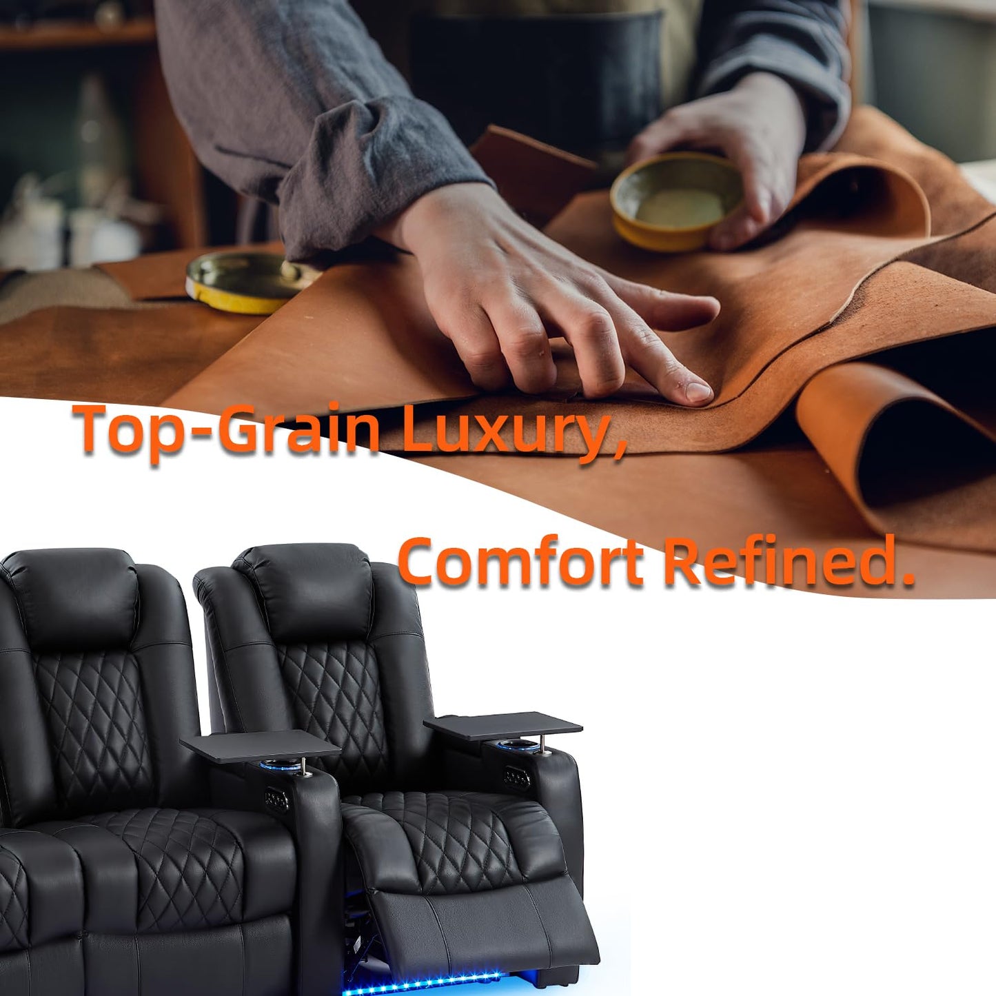 comfiroom Top-Grain Leather Home Theater Seating, Dual-Motor Power Recliner | Classic Series Black Zero Gravity Motorized Theater Chair with USB-C Charging, Adjustable Headrest, Tray Table, Row of 1