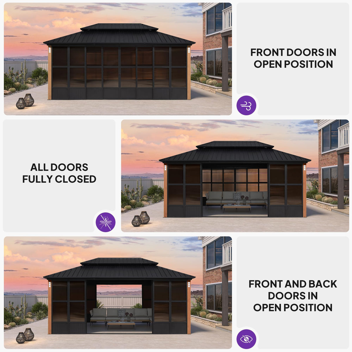 PURPLE LEAF Sunroom 12' x 14' Solarium Double Roof Gazebo, Sliding Doors