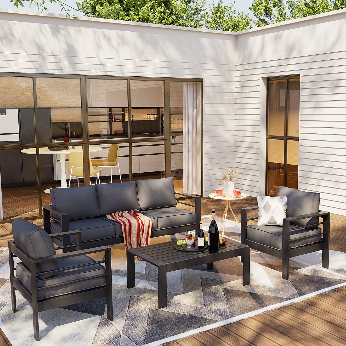 Amopatio Aluminum Patio Furniture Set, 6 Pieces Modern Outdoor Furniture | Outdoor Sectional with Coffee Table, Included Waterproof Covers, for Balcony, Garden, White&Blue