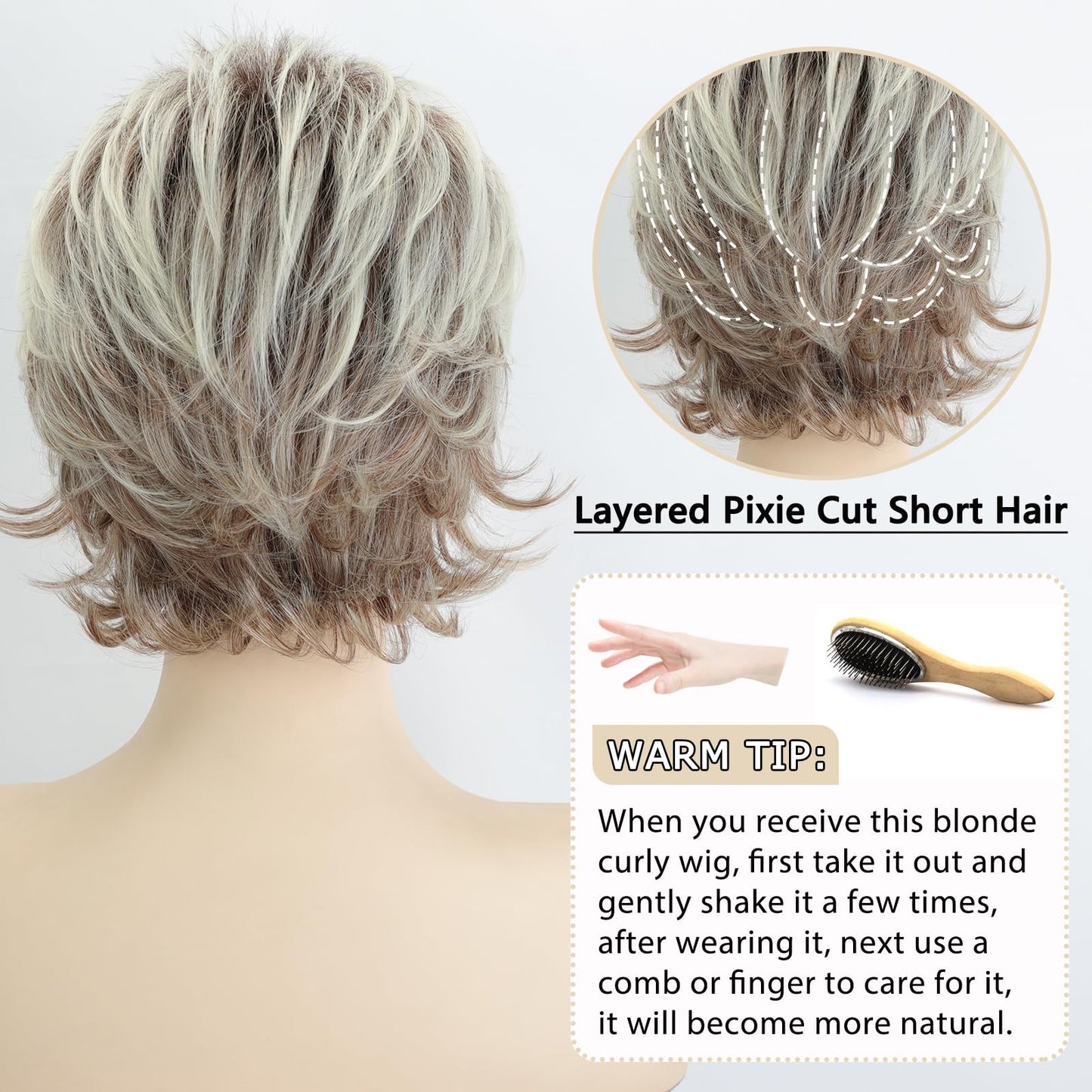 TISHINING Short Grey Curly Wigs for White Women Layered Silver Gray Pixie Cut Synthetic Full Wig with Bangs Natural Looking Daily Party Wigs for Older Women