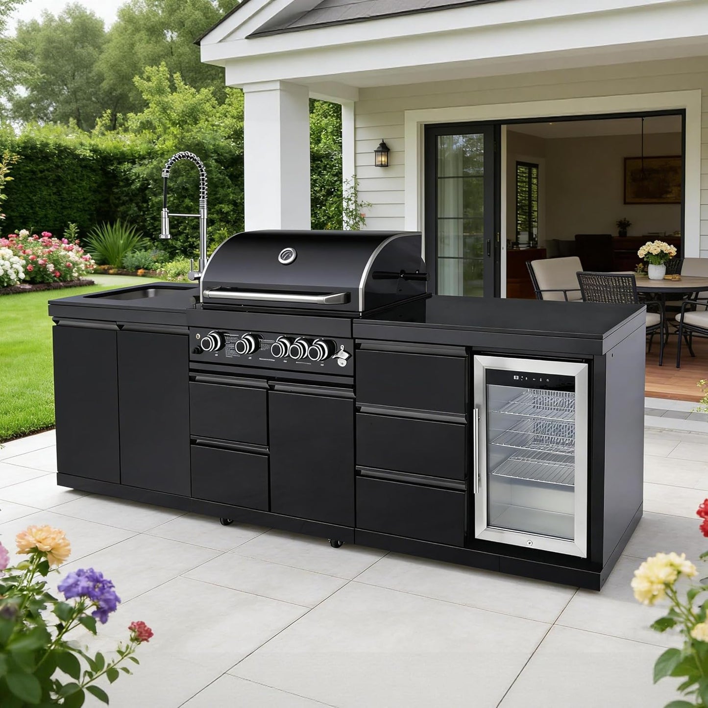 102.4 Inch Outdoor Kitchen Island | 4 Burner Propane Gas BBQ Grill with Sink and Refrigerator, 59500 BTU 304 Stainless Steel, Black (Black, 102.4"')