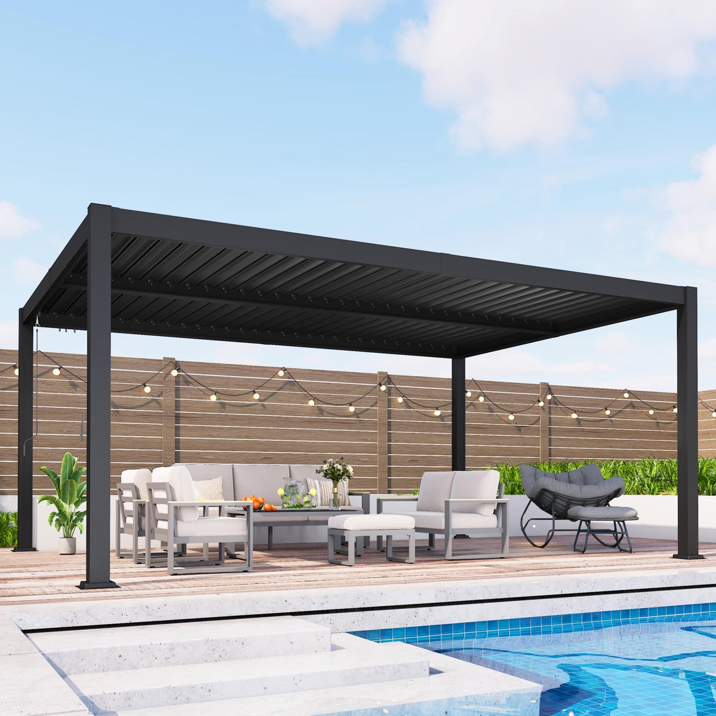 12' x 16' Pergola with Curtain & Adjustable Roof & Aluminum Frame for Patio | Louvered Pergola, Patio Pergola with Netting & Gutter System, Outdoor Pergola, Hardtop Gazebo for Deck, Yard, Dark Gray