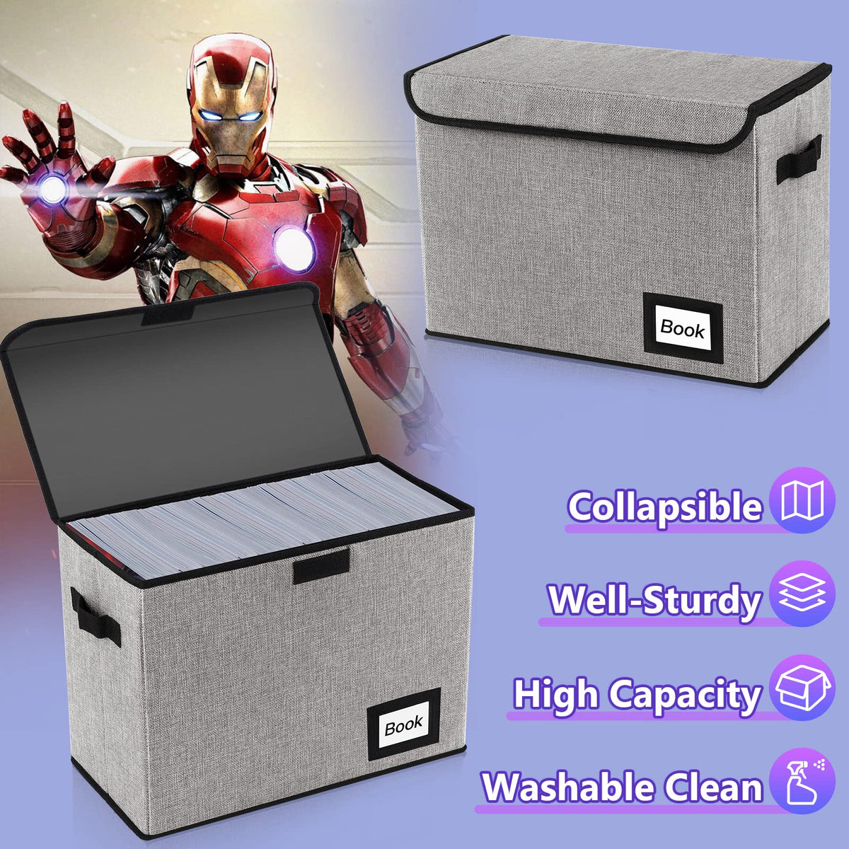 Comic Book Storage Box, 15.8" X 7.8" X 11.8", Heavy Duty Collapsible Holds 160-180 Comic Book Bin Container Holder Shelf (Cartoon Bombs)