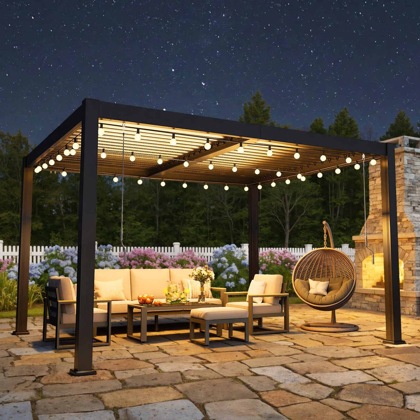 12' x 16' Pergola with Curtain & Adjustable Roof & Aluminum Frame for Patio | Louvered Pergola, Patio Pergola with Netting & Gutter System, Outdoor Pergola, Hardtop Gazebo for Deck, Yard, Dark Gray