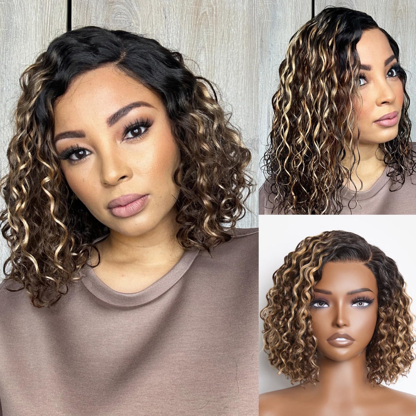 LUVME HAIR 12" Curly Bob Glueless with Blonde Highlights Wigs Human Hair | Without Spray Wigs Pre Plucked Pre Cut Undetectable HD Lace No-Glue Need Protective Wig Short Ready to Go Wig 180 Density