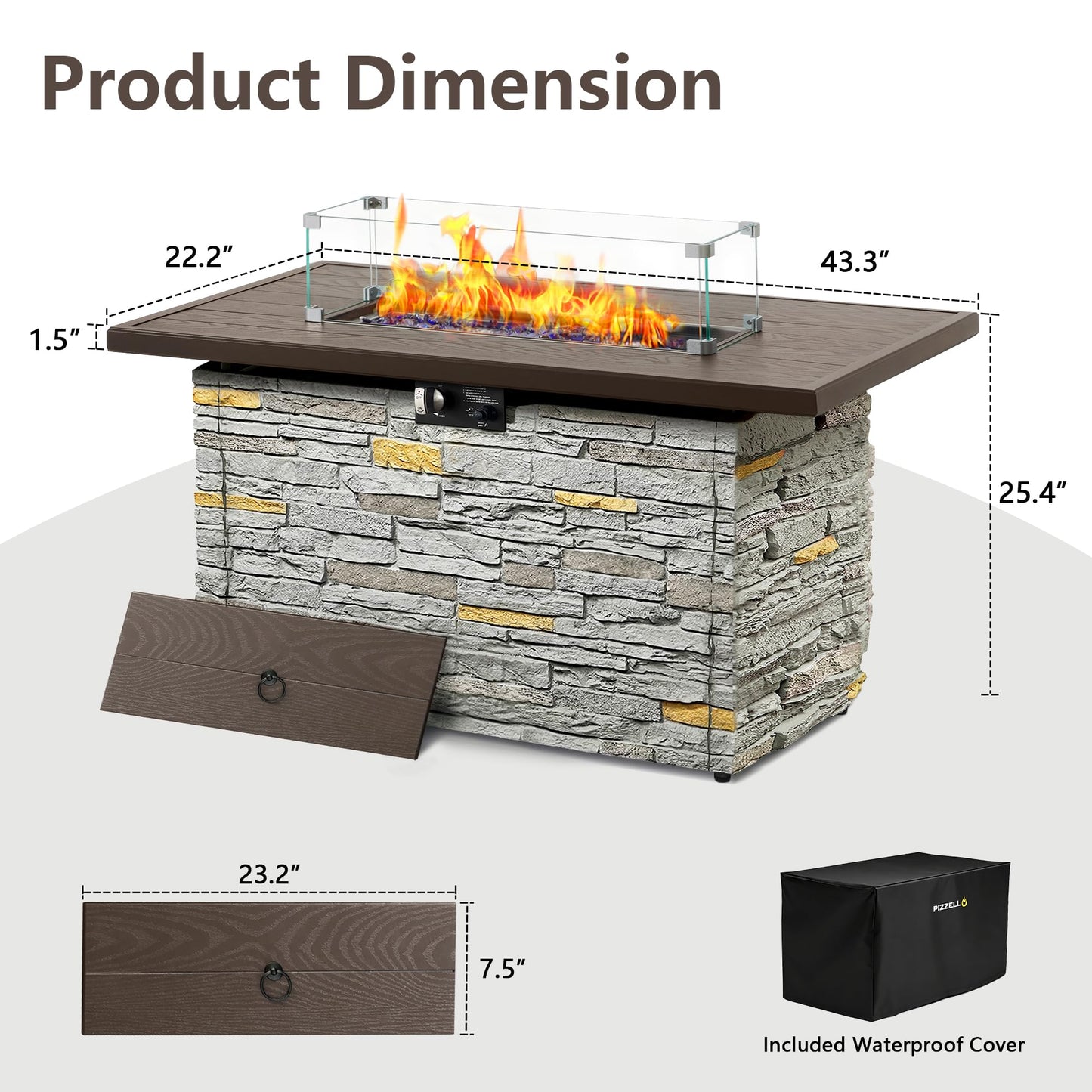 43 Inch Outdoor Firepit Table 50,000 BTU Propane Gas Fire Pit | Rectangle Stone Fire Table with Glass Wind Guard, Rain Cover, Fire Stones and Removable Lid, CSA Certified (Brown)