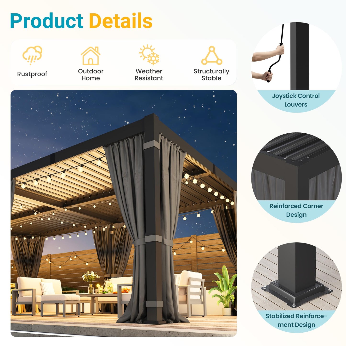 12' x 16' Pergola with Curtain & Adjustable Roof & Aluminum Frame for Patio | Louvered Pergola, Patio Pergola with Netting & Gutter System, Outdoor Pergola, Hardtop Gazebo for Deck, Yard, Dark Gray