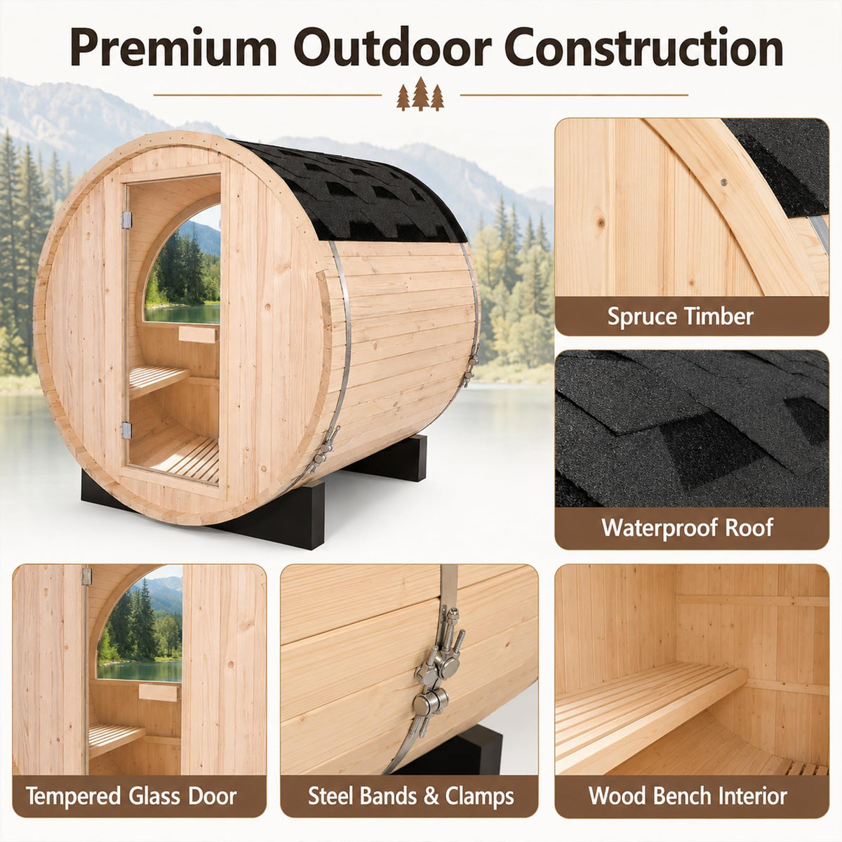 Panoramic Outdoor Sauna,Canadian Cedar 4-6 Person Steam Saunas