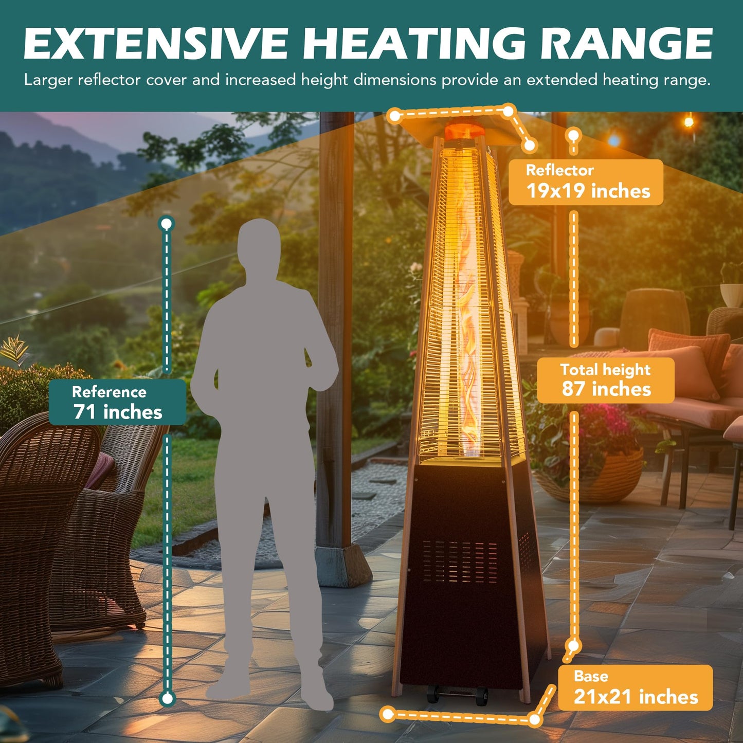 48,000 BTU Flame Pyramid Pool Heater With Cover, Triple Safety Protection Portable Patio Heater with Patio Cover, Warm Glass Tube with Durable Wheels-Black