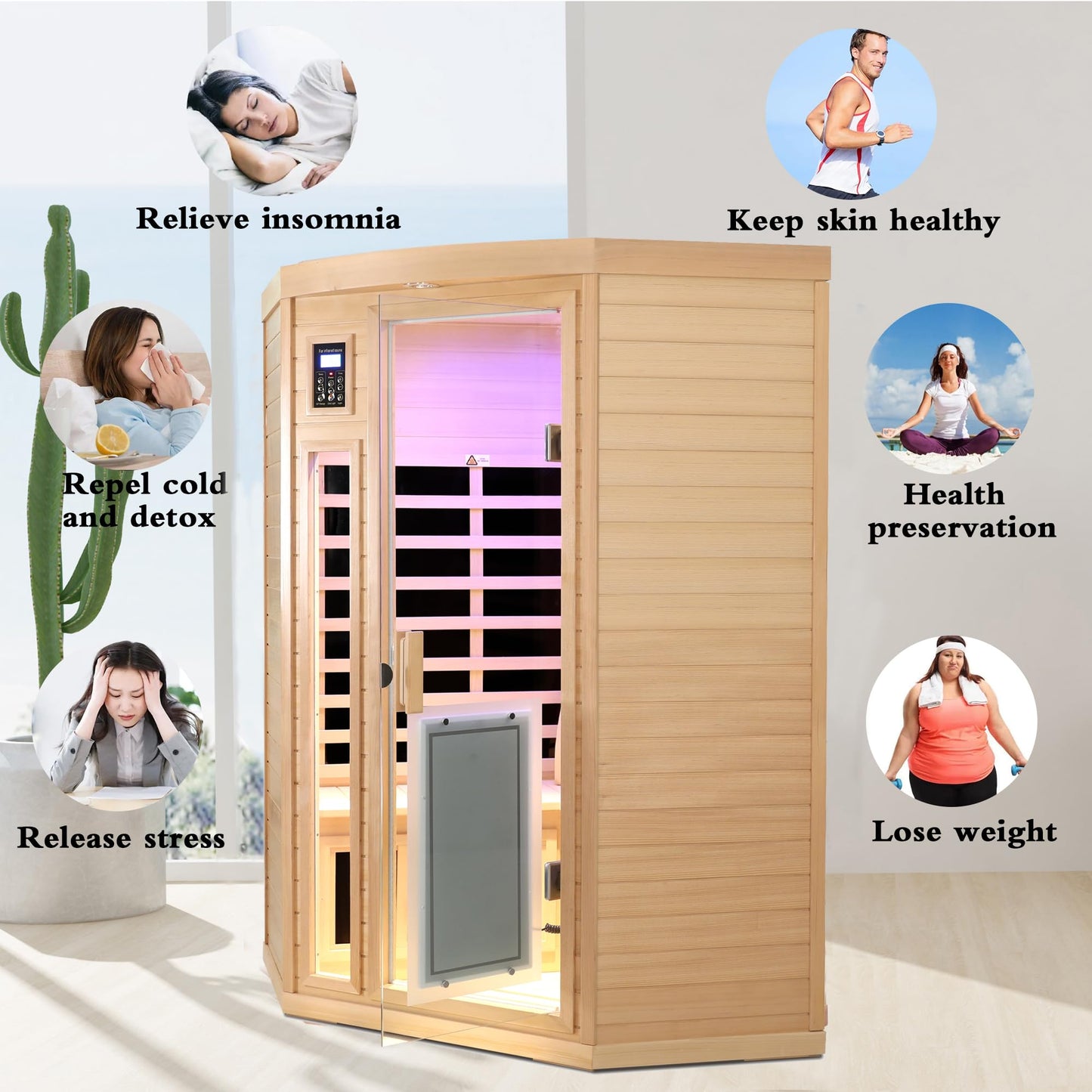 3 Person Infrared Sauna Ceramic Infrared Sauna w/Red Light Therapy | Far & Near Infrared Sauna Indoor, Low EMF Infrared Saunas for Home, Hemlock Deluxe Glass Home Sauna with Granite Backdrop