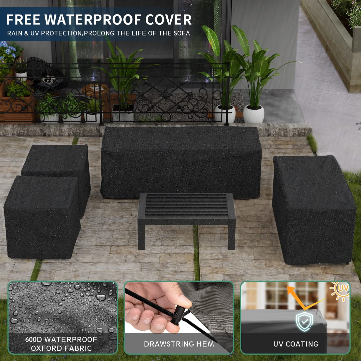 Amopatio Aluminum Patio Furniture Set, 6 Pieces Modern Outdoor Furniture | Outdoor Sectional with Coffee Table, Included Waterproof Covers, for Balcony, Garden, White&Blue