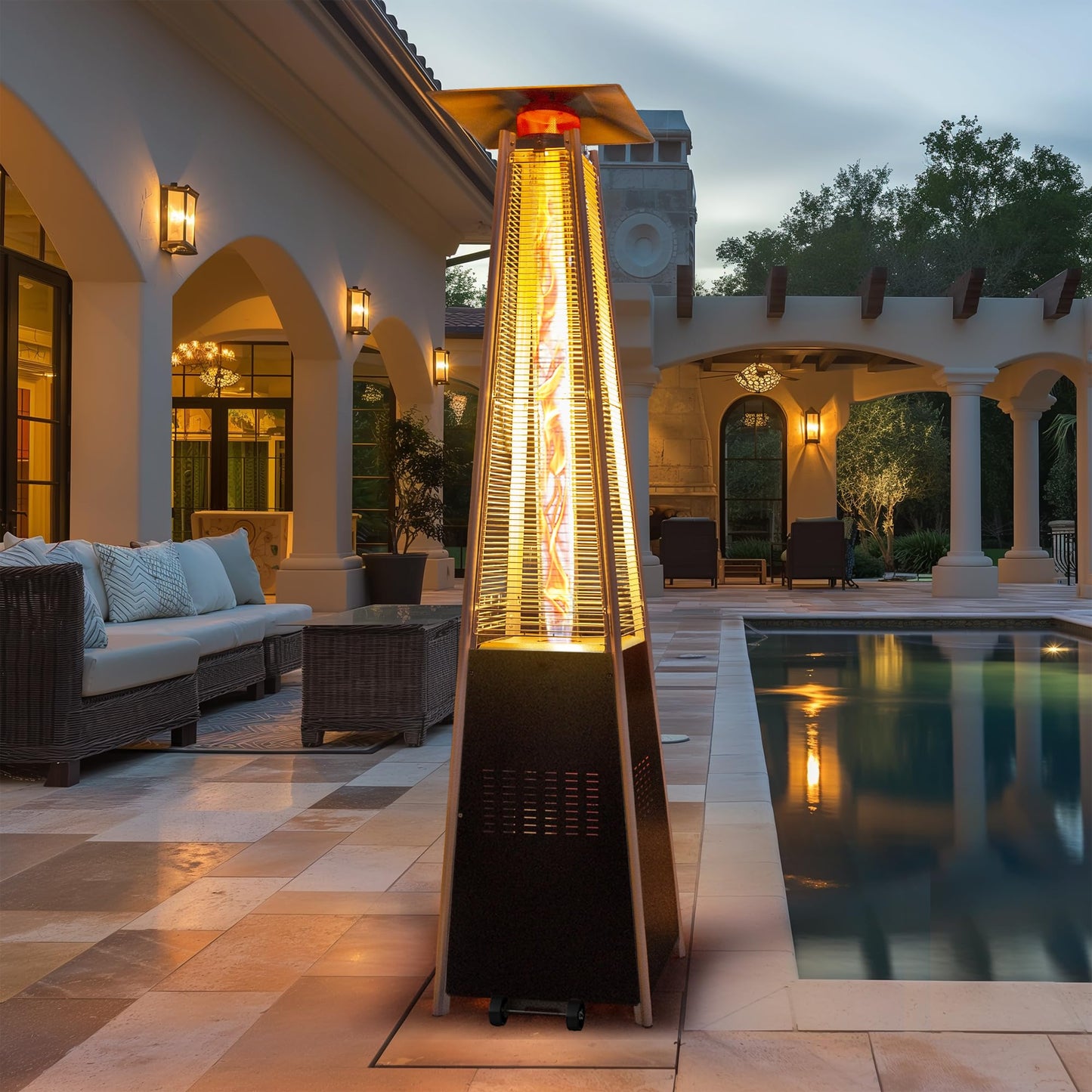 48,000 BTU Flame Pyramid Pool Heater With Cover, Triple Safety Protection Portable Patio Heater with Patio Cover, Warm Glass Tube with Durable Wheels-Black