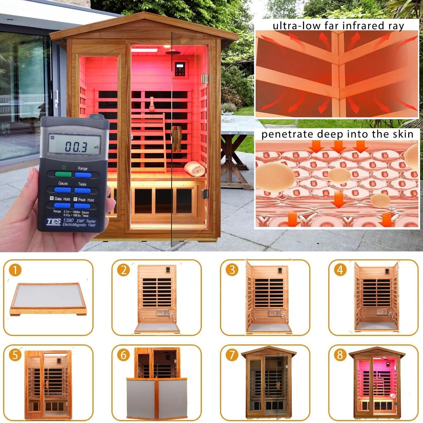 3 Person Infrared Sauna Ceramic Infrared Sauna w/Red Light Therapy | Far & Near Infrared Sauna Indoor, Low EMF Infrared Saunas for Home, Hemlock Deluxe Glass Home Sauna with Granite Backdrop