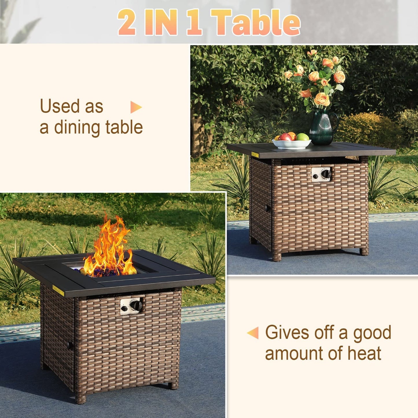 Sophia & William 56 Inch Gas Fire Pit Table,Rectangular Propane Fireplace | Outdoor Rattan Propane Fire Table with Fire Glass, Lid, 50,000 BTU Firepits for Outside Patio