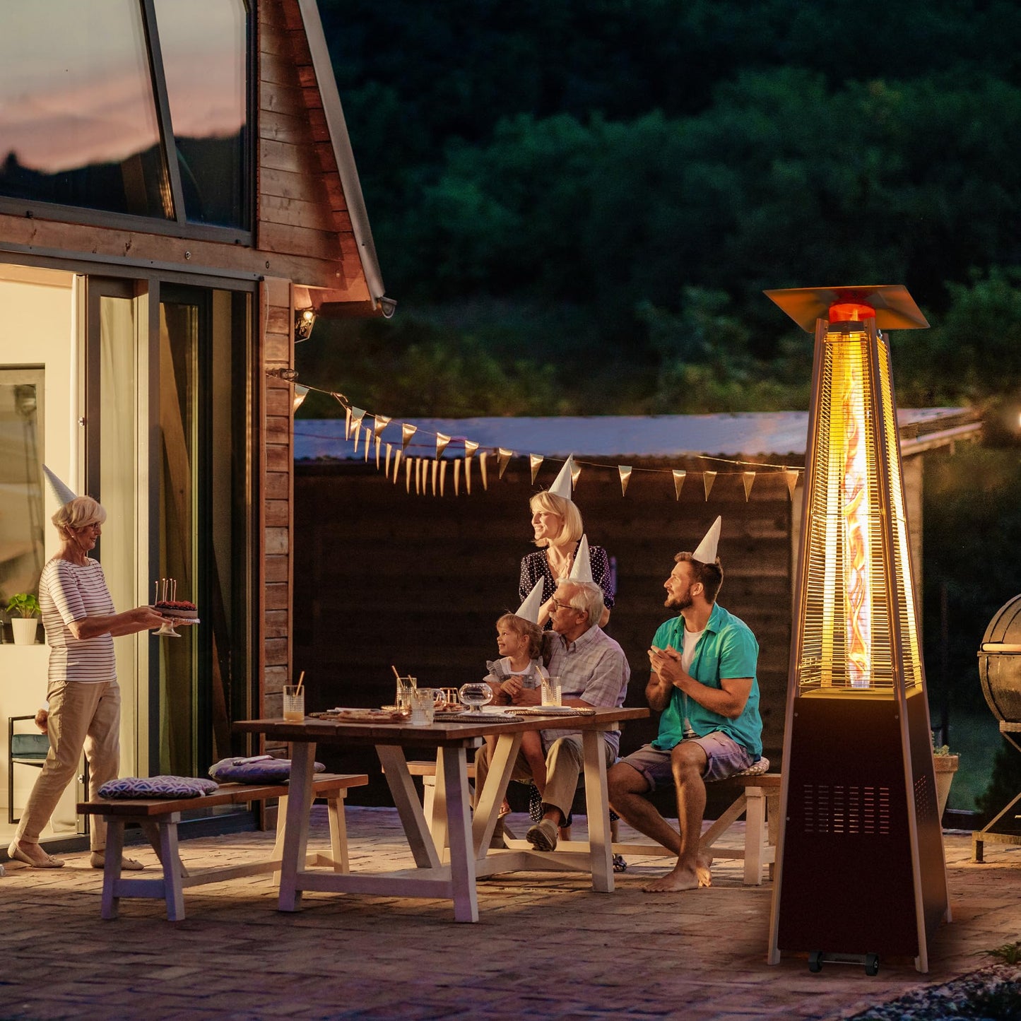 48,000 BTU Flame Pyramid Pool Heater With Cover, Triple Safety Protection Portable Patio Heater with Patio Cover, Warm Glass Tube with Durable Wheels-Black