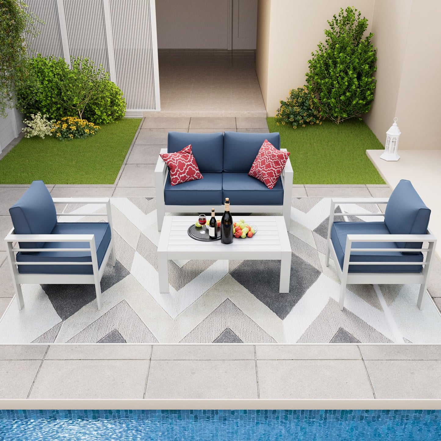 Amopatio Aluminum Patio Furniture Set, 6 Pieces Modern Outdoor Furniture | Outdoor Sectional with Coffee Table, Included Waterproof Covers, for Balcony, Garden, White&Blue