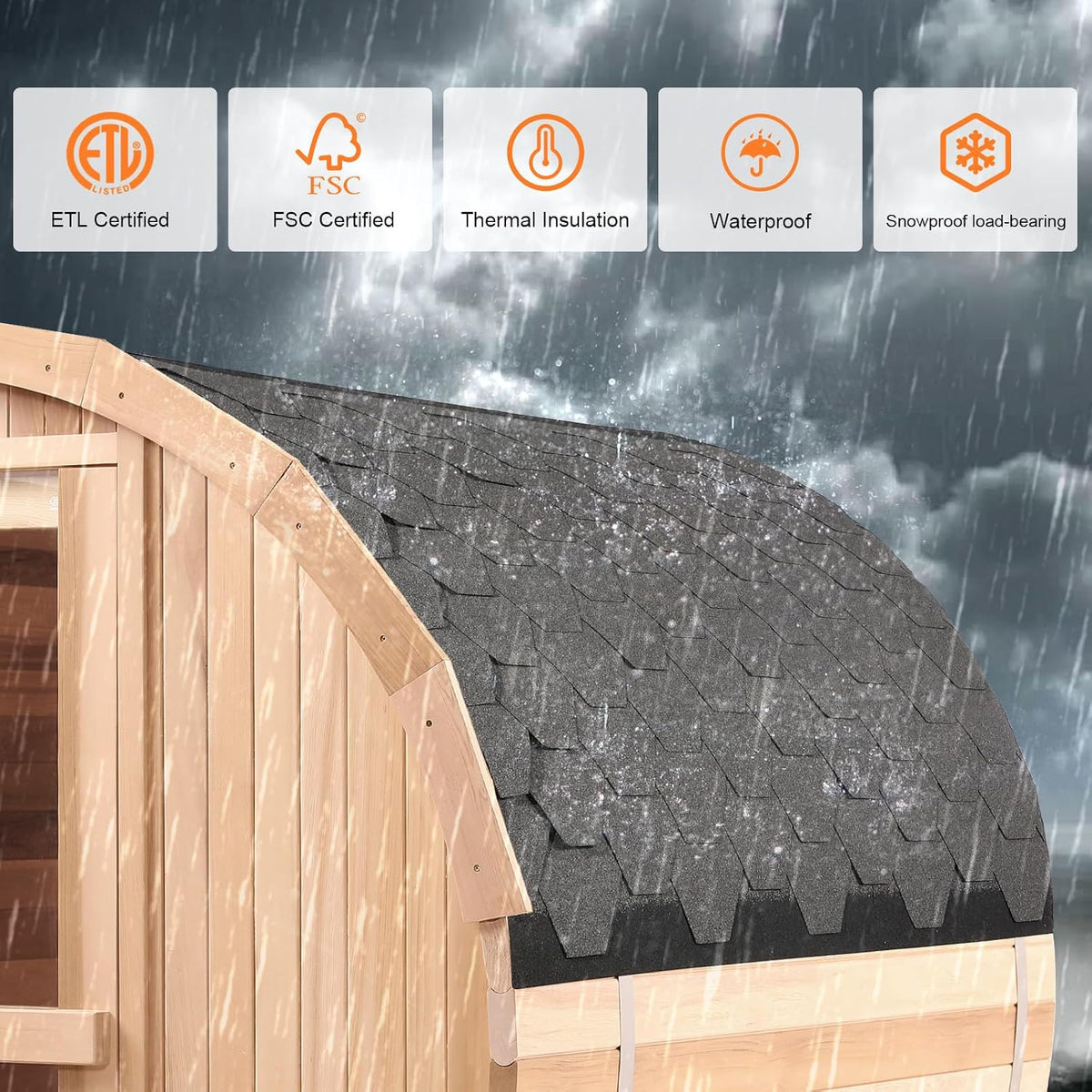 Outdoor Wooden Panoramic Barrel Sauna, 6-8 Person Sauna Room, 220V，6kw Toule Electric Heater with Sauna Stone, and Asphalt Shingle Roof (Red Ceder)