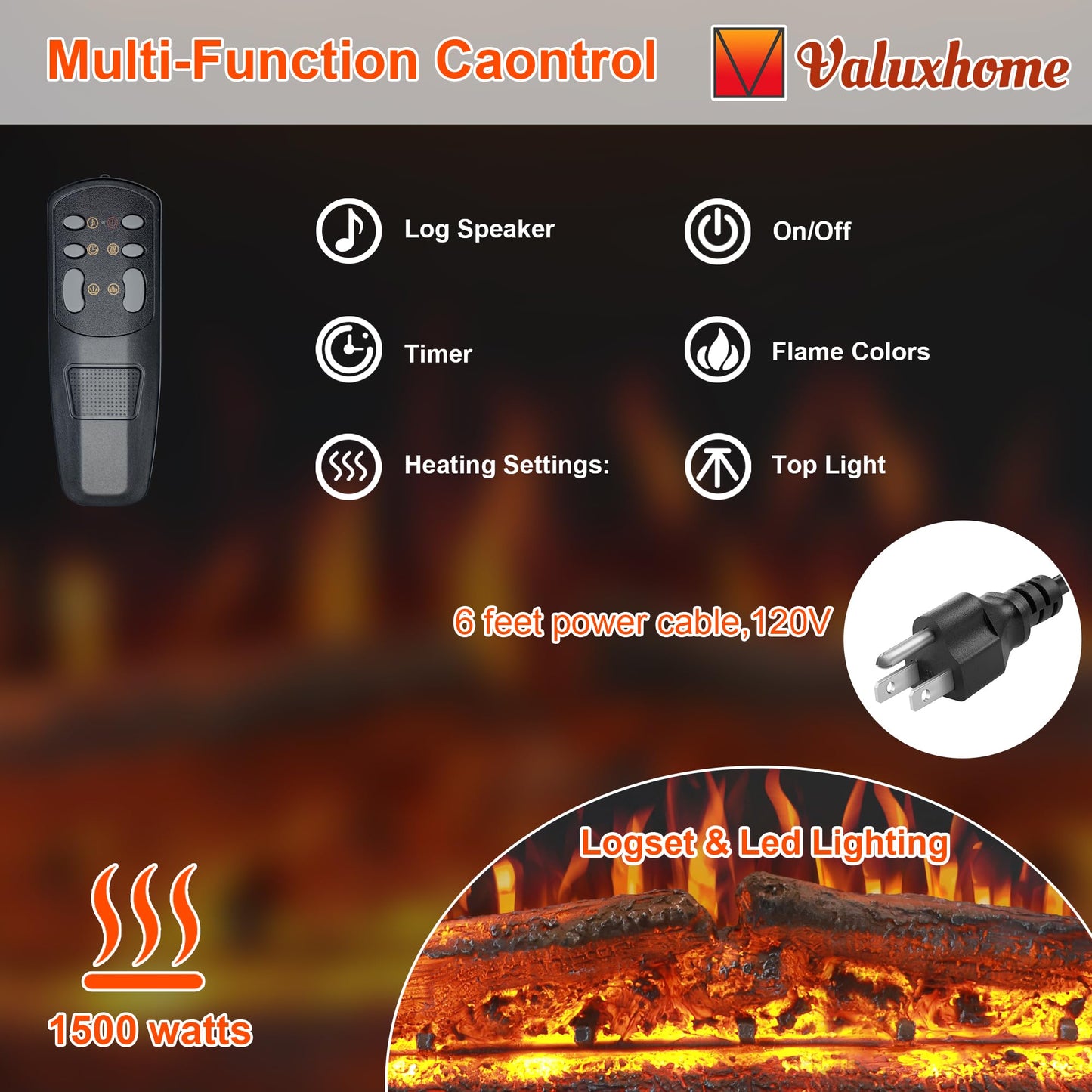 Valuxhome 40” W Electric Fireplace Insert with Log Speaker for Crackling Sound, 750W(Low)/1500W(high) for Heating, Independent Function for Heating and Changing Colors, Overheating Protection
