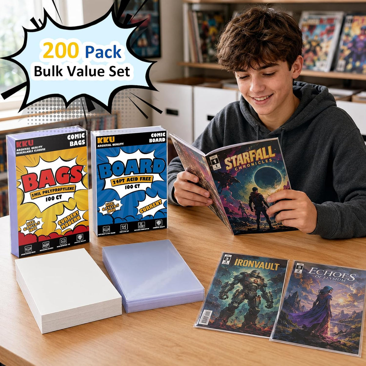 KKU 200 Pack Current Comic Book Bags and Boards, Clear Resealable Sleeves