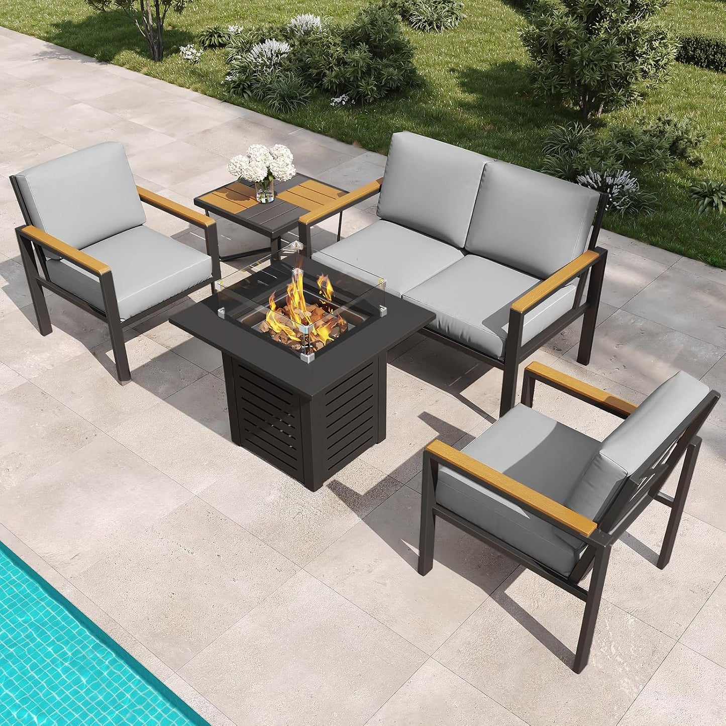 5-Piece Patio Furniture Set with 28” Propane Fire Pit Table, Heavy-Duty Metal Outdoor Conversation Set with Deep Cushions & Wood-Like Armrests for Patio, Porch, Backyard, Garden – Grey