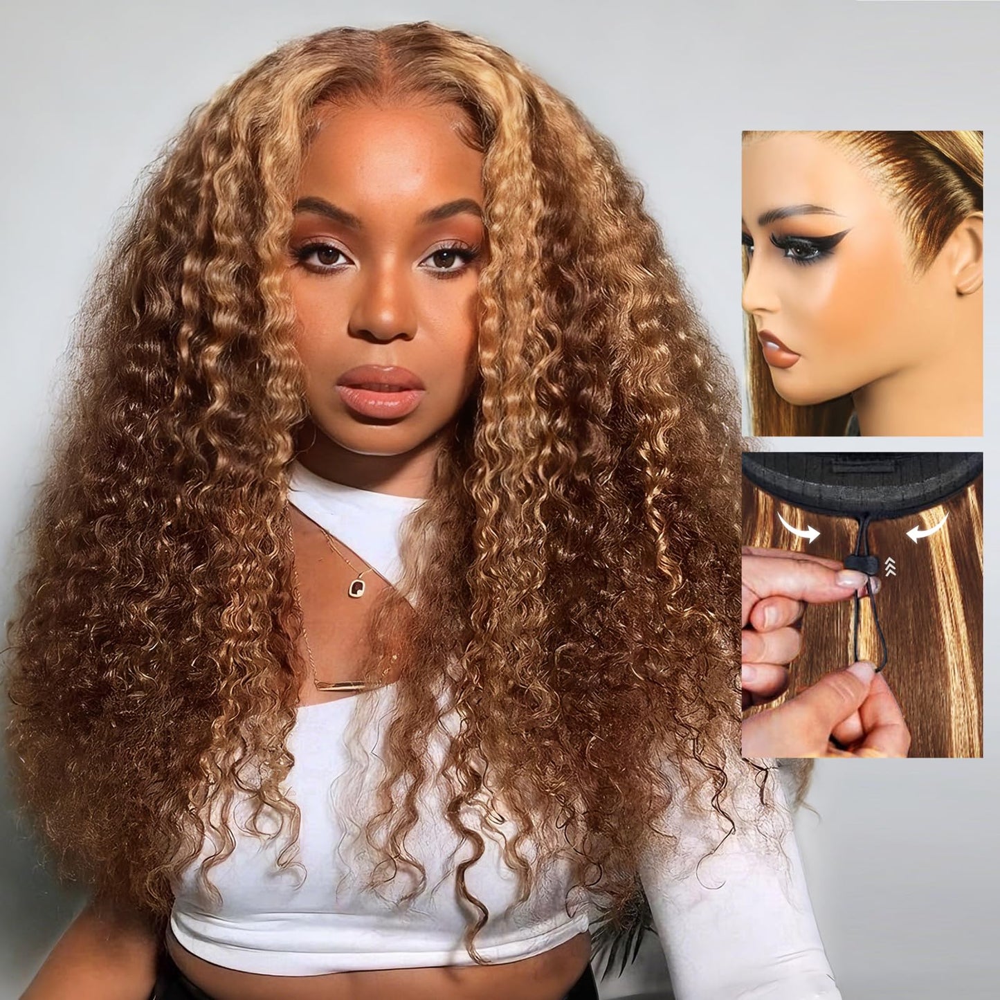 Pull Go 13x6 Drawstring Highlight Lace Front Wigs Human Hair Ombre Honey Blonde 210 Density Skinlike HD Full Lace Frontal Glueless Wigs Human Hair Pre Plucked Pre Cut Straight Balayage Wig 18 Inch
