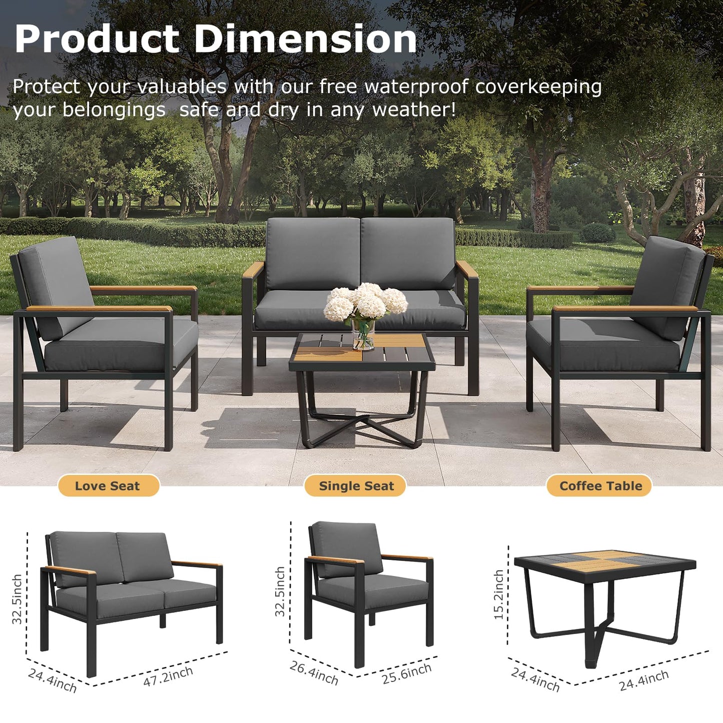 5-Piece Patio Furniture Set with 28” Propane Fire Pit Table, Heavy-Duty Metal Outdoor Conversation Set with Deep Cushions & Wood-Like Armrests for Patio, Porch, Backyard, Garden – Grey