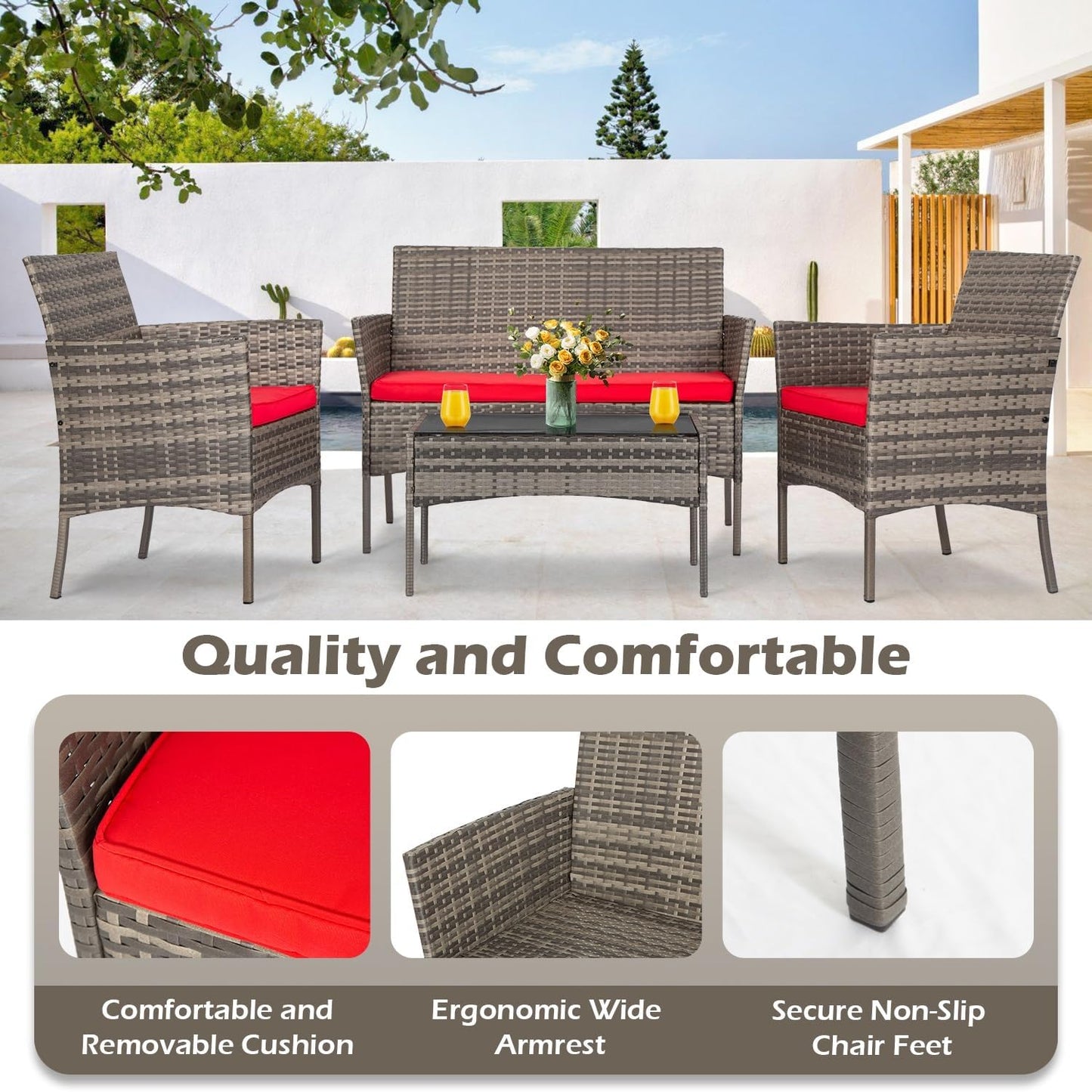 FDW 4-Piece Patio Furniture Set | Black | Outdoor Wicker Furniture | with Coffee Table | Modern Rattan Chairs Conversation Set | Outdoor Seating | Weather-Resistant | for Porch, Garden, Lawn