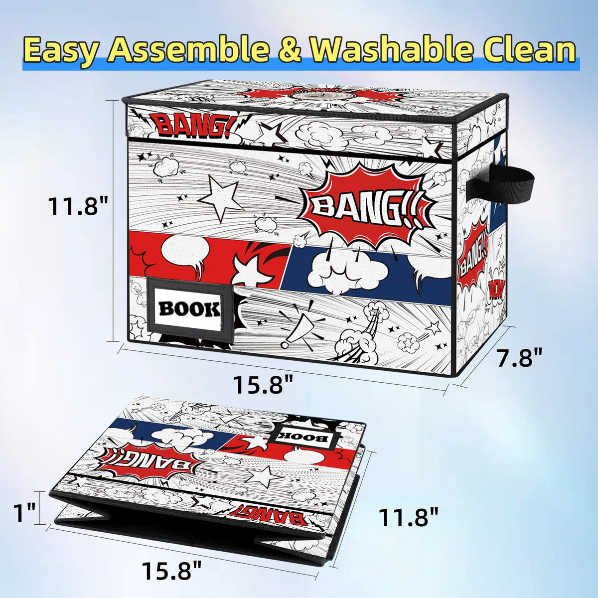 Comic Book Storage Box, 15.8" X 7.8" X 11.8", Heavy Duty Collapsible Holds 160-180 Comic Book Bin Container Holder Shelf (Cartoon Bombs)