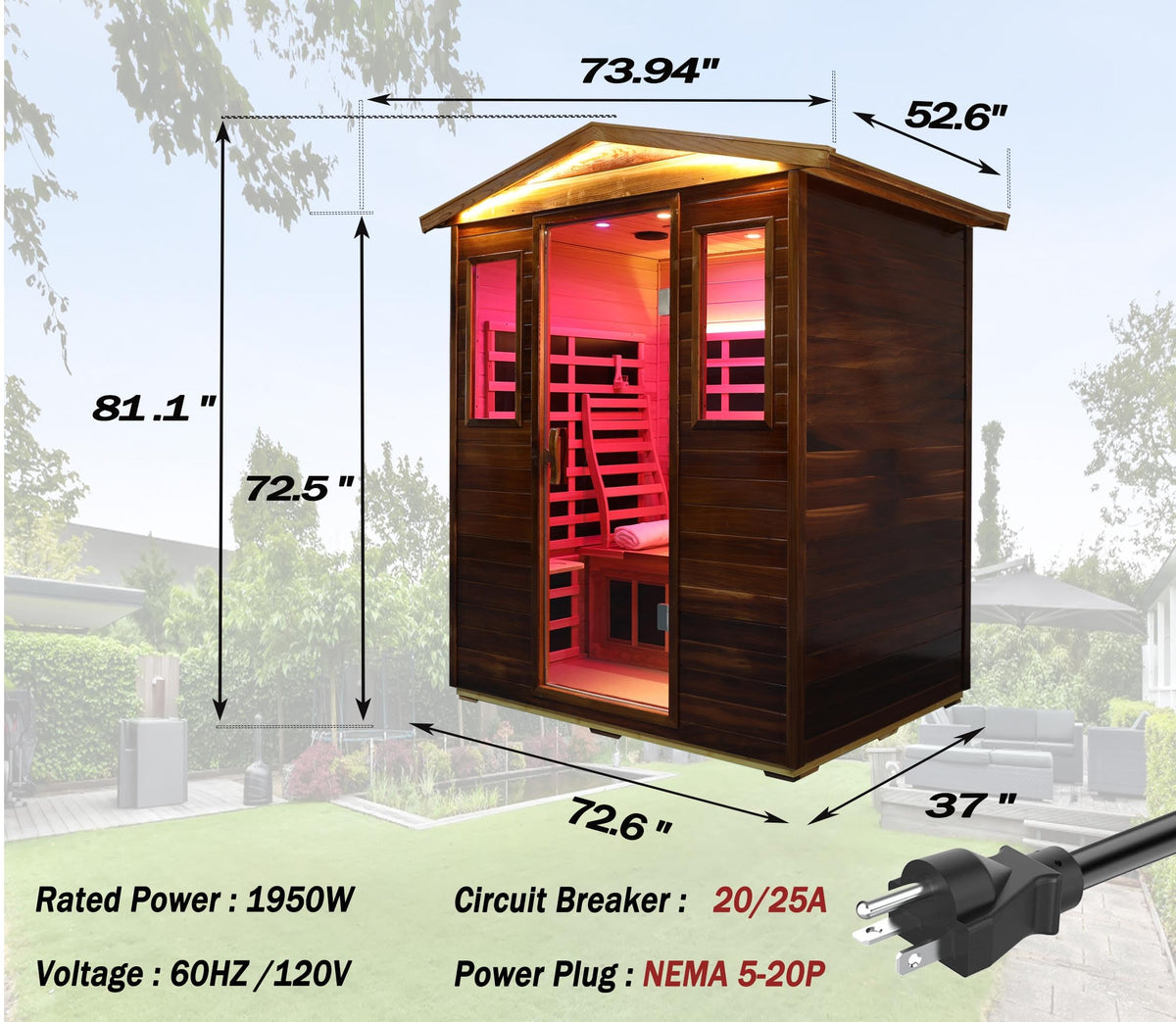 LTCCDSS Ultra-Low EMF Outdoor Infrared Sauna 2 Person, Composite Wood Far Infrared Sauna for Home, EMF 0.1-1mG, Bluetooth & Chromotherapy