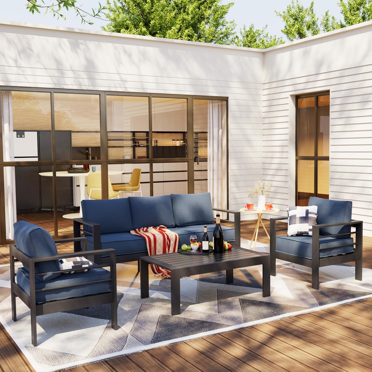 Amopatio Aluminum Patio Furniture Set, 6 Pieces Modern Outdoor Furniture | Outdoor Sectional with Coffee Table, Included Waterproof Covers, for Balcony, Garden, White&Blue