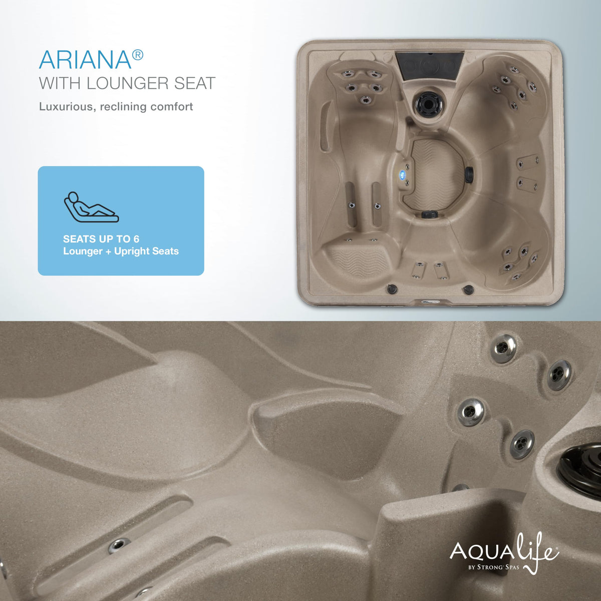 Ariana Outdoor Hot Tub, 6 Person Therapeutic Spa, 30 Jets, Underwater LED Lighting System, Insulated Spa Cover, Aqualife by Strong Spas