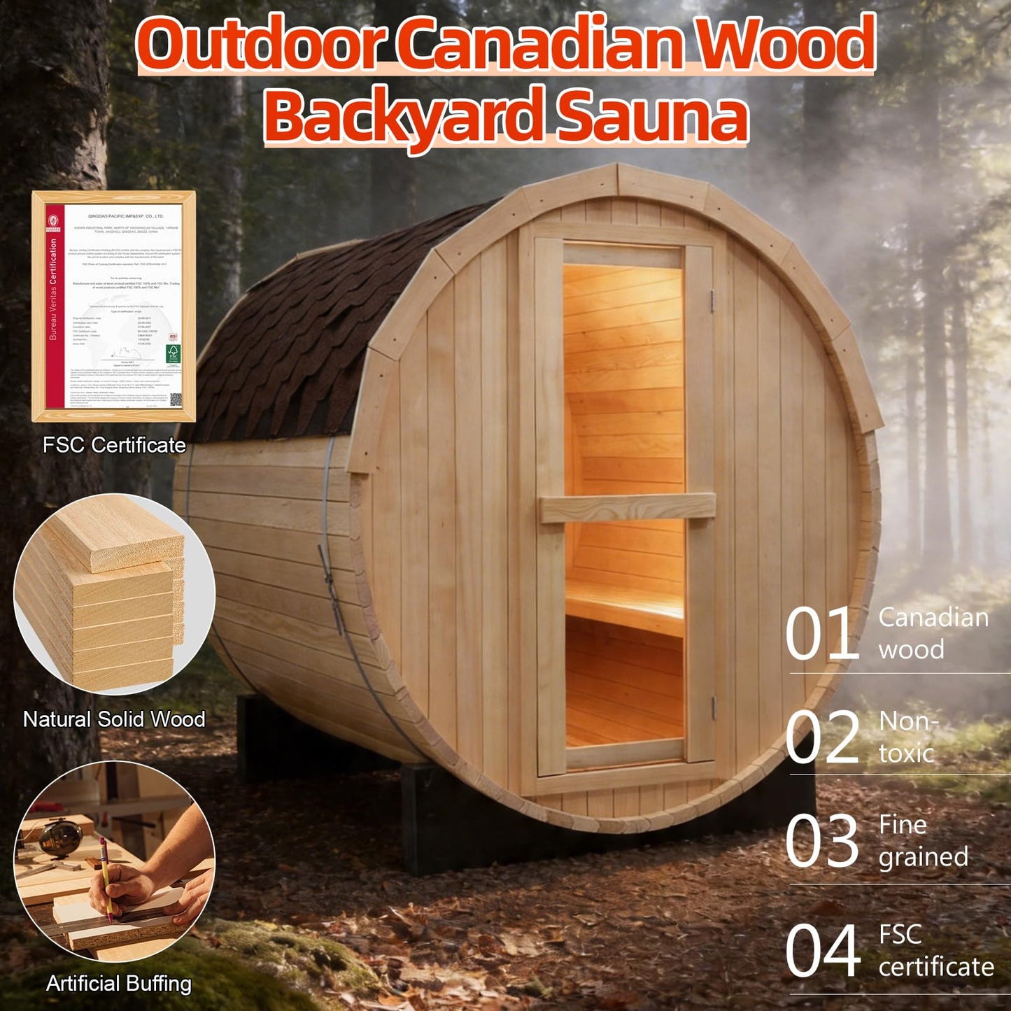 Outdoor Barrel Steam Sauna, 6-8 Person Canadian Hemlock Traditional Wooden Steam Saunas with 220V/6KW Toule Electric Stove, Tempered Glass Sauna Kits for Backyard & Garden (0-195℉)