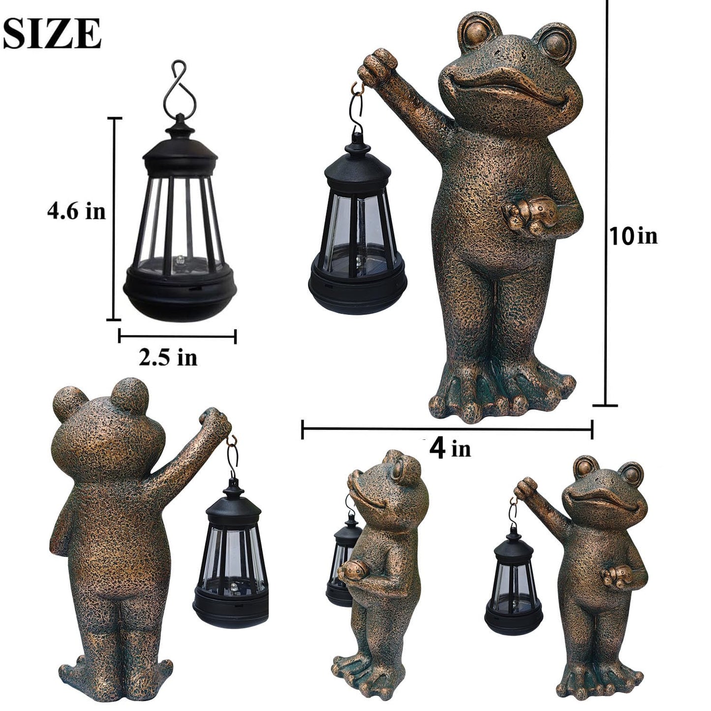 Solar Frog Garden Statue, Resin Figurine with Ladybug & Hanging Solar Lantern Outdoor Decor