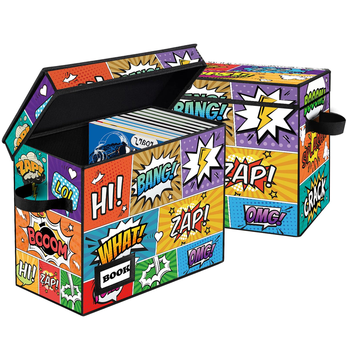 Comic Book Storage Box, 15.8" X 7.8" X 11.8", Heavy Duty Collapsible Holds 160-180 Comic Book Bin Container Holder Shelf (Cartoon Bombs)