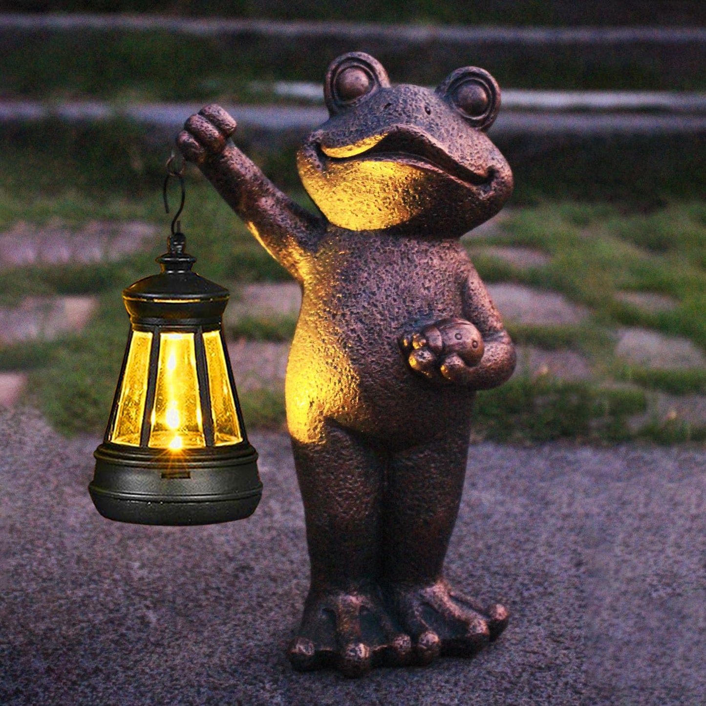 Solar Frog Garden Statue, Resin Figurine with Ladybug & Hanging Solar Lantern Outdoor Decor