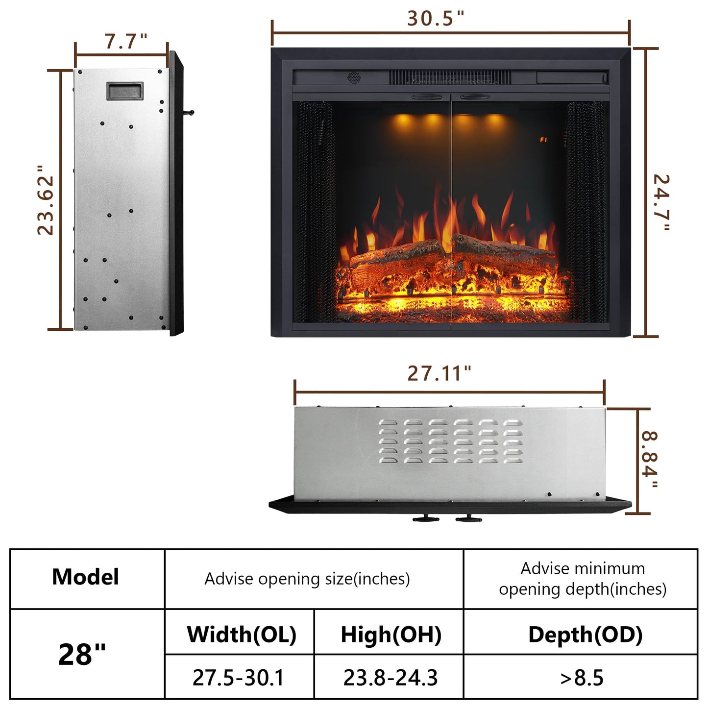 Valuxhome 40” W Electric Fireplace Insert with Log Speaker for Crackling Sound, 750W(Low)/1500W(high) for Heating, Independent Function for Heating and Changing Colors, Overheating Protection