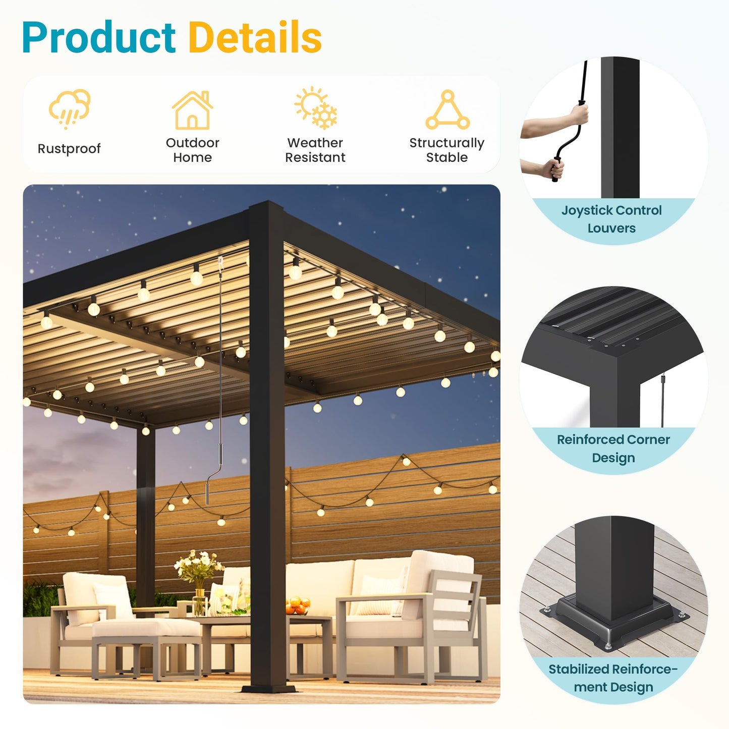 12' x 16' Pergola with Curtain & Adjustable Roof & Aluminum Frame for Patio | Louvered Pergola, Patio Pergola with Netting & Gutter System, Outdoor Pergola, Hardtop Gazebo for Deck, Yard, Dark Gray