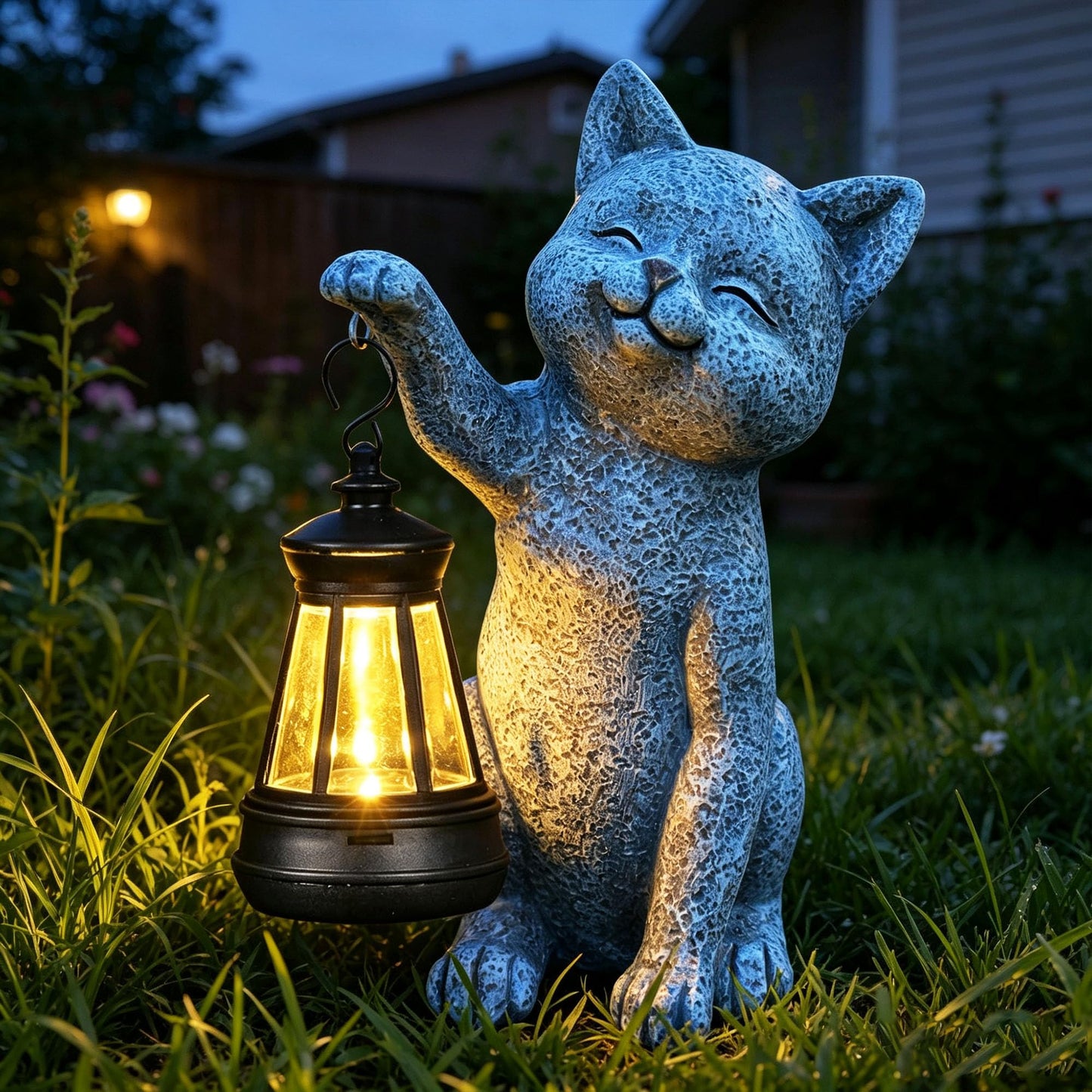 Solar Frog Garden Statue, Resin Figurine with Ladybug & Hanging Solar Lantern Outdoor Decor
