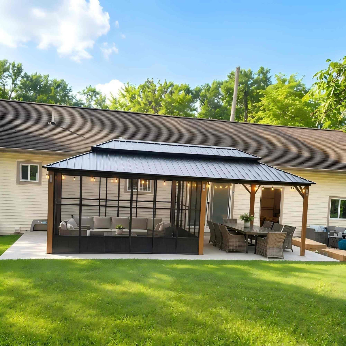 PURPLE LEAF Sunroom 12' x 14' Solarium Double Roof Gazebo, Sliding Doors