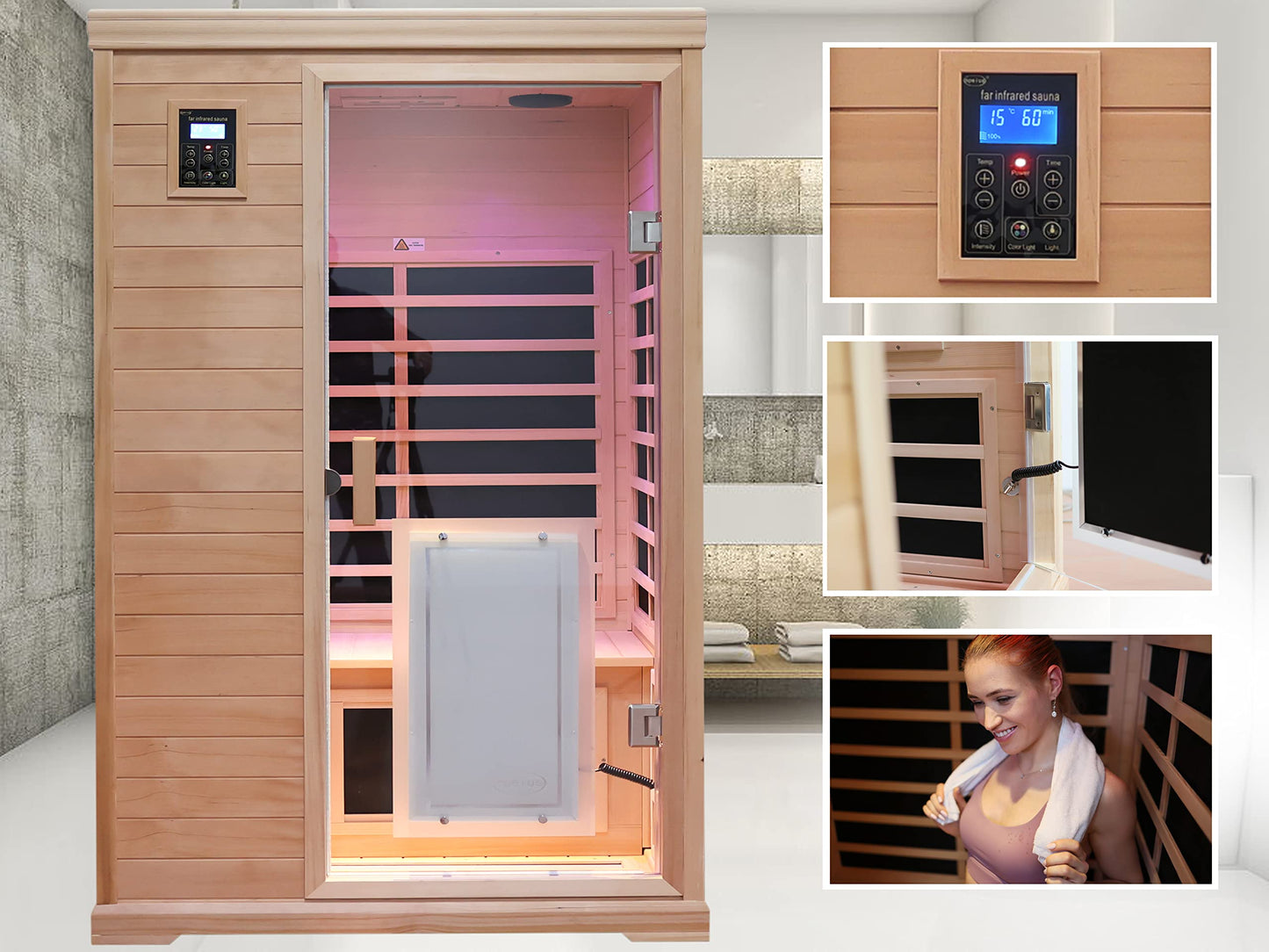 3 Person Infrared Sauna Ceramic Infrared Sauna w/Red Light Therapy | Far & Near Infrared Sauna Indoor, Low EMF Infrared Saunas for Home, Hemlock Deluxe Glass Home Sauna with Granite Backdrop