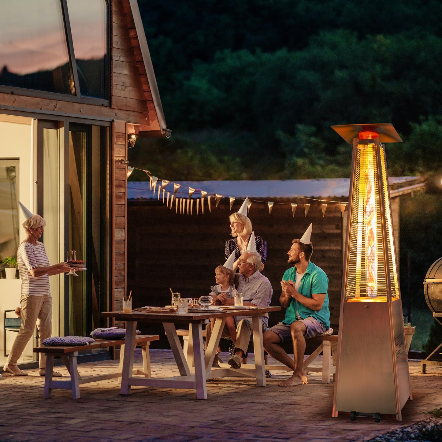 48,000 BTU Flame Pyramid Pool Heater With Cover, Triple Safety Protection Portable Patio Heater with Patio Cover, Warm Glass Tube with Durable Wheels-Black