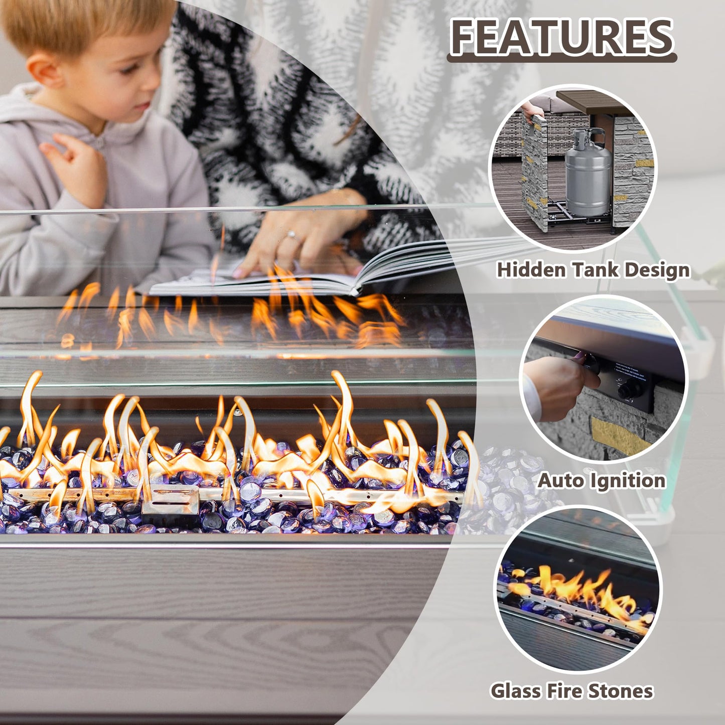 43 Inch Outdoor Firepit Table 50,000 BTU Propane Gas Fire Pit | Rectangle Stone Fire Table with Glass Wind Guard, Rain Cover, Fire Stones and Removable Lid, CSA Certified (Brown)