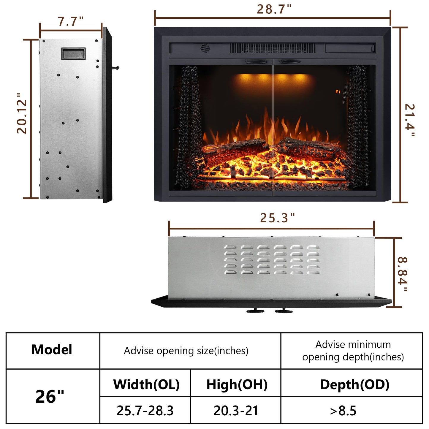 Valuxhome 40” W Electric Fireplace Insert with Log Speaker for Crackling Sound, 750W(Low)/1500W(high) for Heating, Independent Function for Heating and Changing Colors, Overheating Protection
