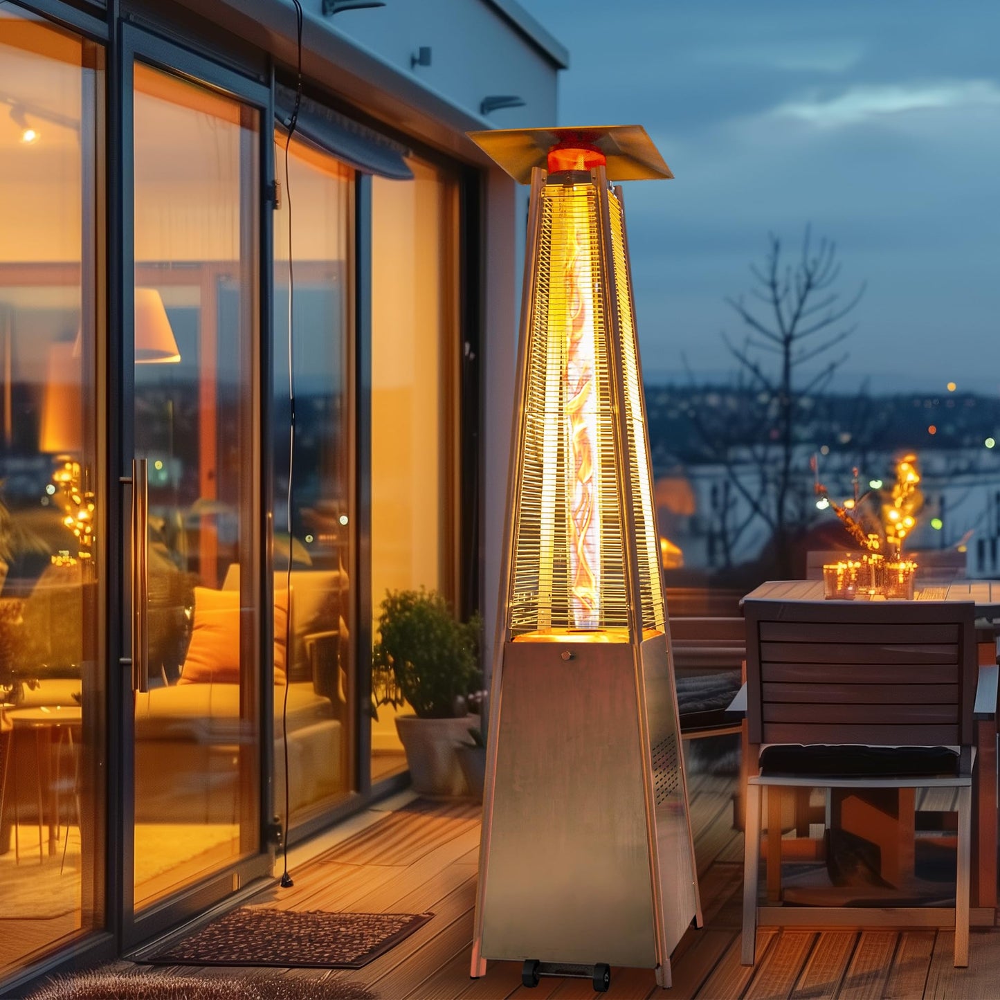 48,000 BTU Flame Pyramid Pool Heater With Cover, Triple Safety Protection Portable Patio Heater with Patio Cover, Warm Glass Tube with Durable Wheels-Black