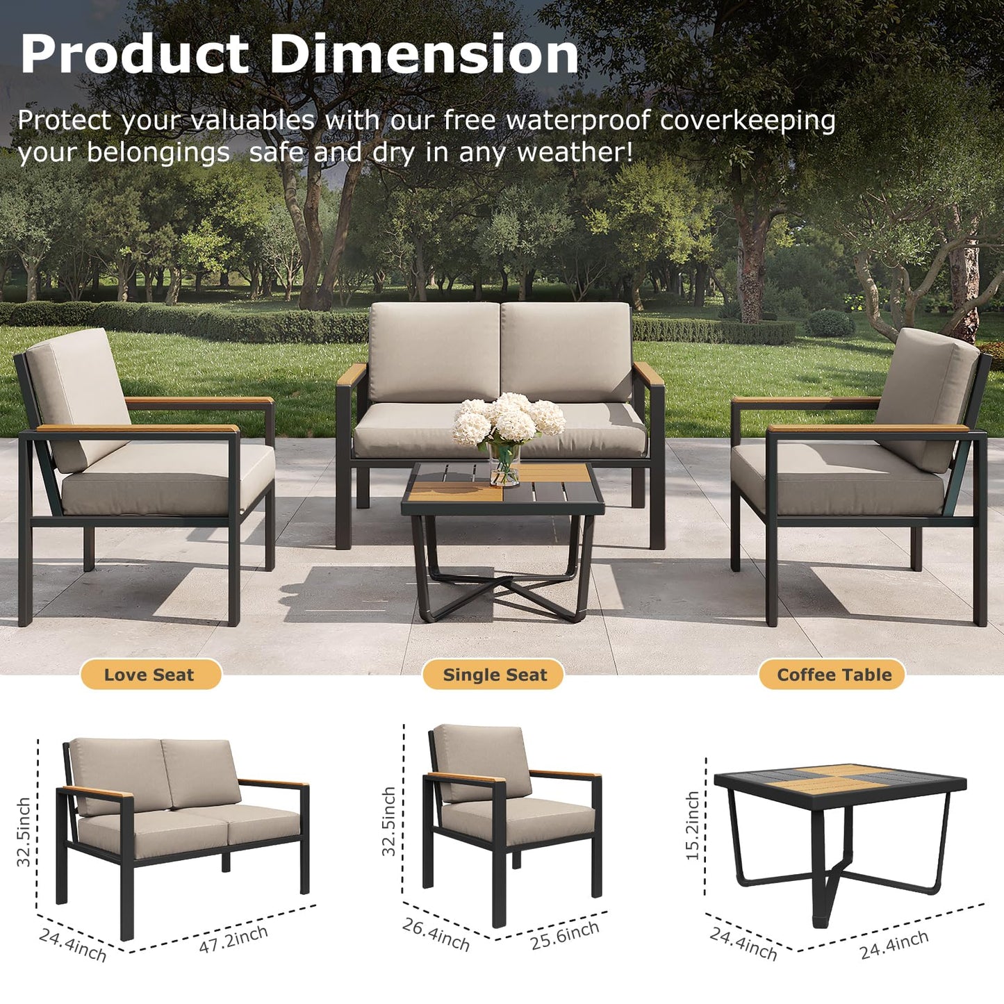 5-Piece Patio Furniture Set with 28” Propane Fire Pit Table, Heavy-Duty Metal Outdoor Conversation Set with Deep Cushions & Wood-Like Armrests for Patio, Porch, Backyard, Garden – Grey