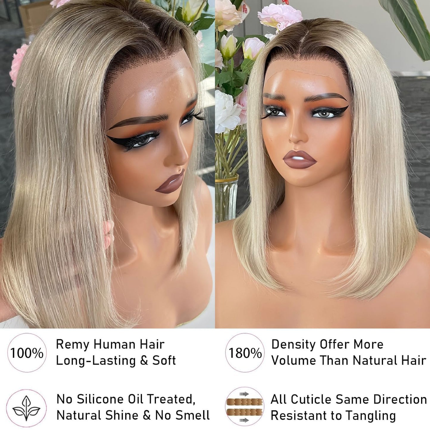 Ash Blonde Wig Human Hair 13x4 Glueless Lace Front Bob Wig 12" | 220% Density Double Drawn 15A Remy Brazilian Human Hair Wig Soft & Full Wear Go HD Pre cut Lace Pre plucked Natural Hairline